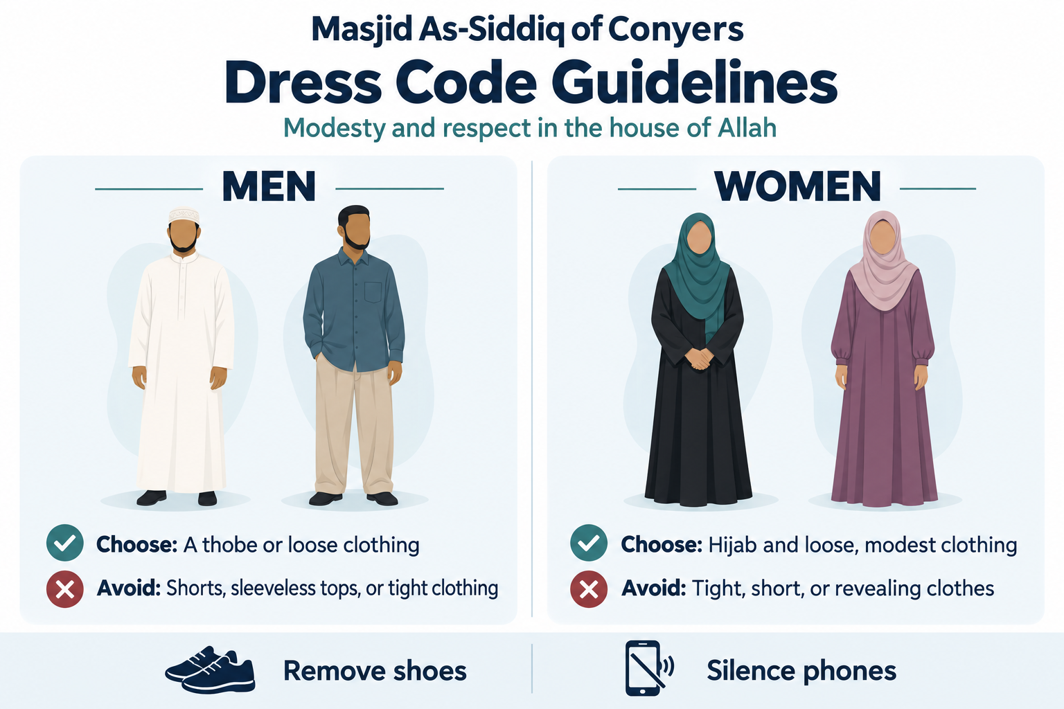 Masjid As-Siddiq dress code guidelines with illustrations of men in a thobe or loose shirt and trousers, and women in hijab and loose dresses. The guidance is also available as text below.